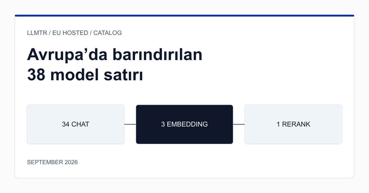 Avrupa'da barındırılan 38 model satırını sohbet, embedding ve yeniden sıralama gruplarına ayıran ve ölçülen yetenekleri gösteren katalog şeması.