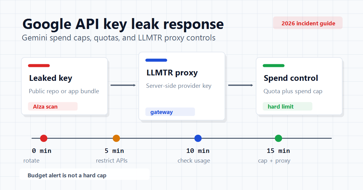 Security response diagram showing Google API key leak handling, Gemini spend caps, quotas, proxy controls, and the LLMTR gateway.