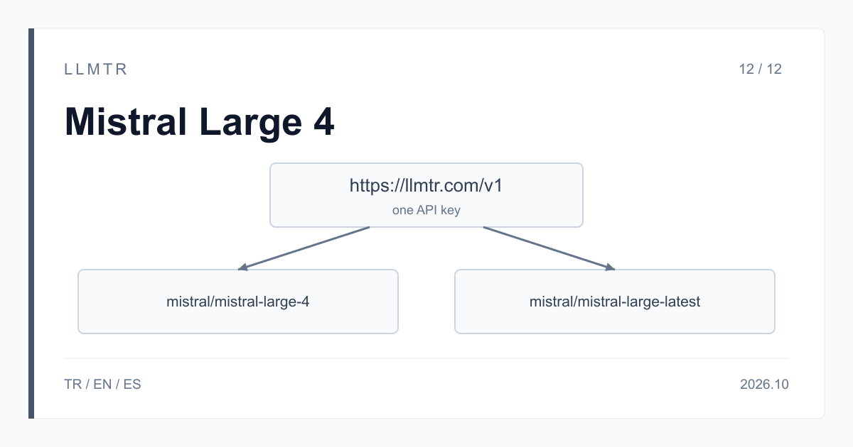 Şema: https://llmtr.com/v1 altında yan yana iki model kutusu, mistral/mistral-large-4 ve mistral/mistral-large-latest; ikisi de aynı API anahtarıyla çağrılır.