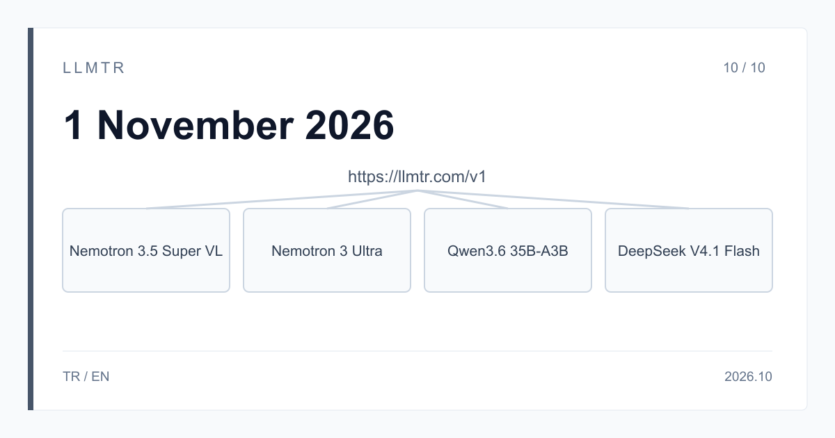 Şema: https://llmtr.com/v1 altında dört kutu, Nemotron 3.5 Super VL, Nemotron 3 Ultra, Qwen3.6 35B-A3B ve DeepSeek V4.1 Flash.
